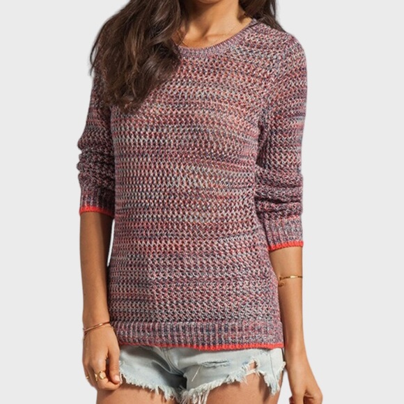 Joie Colorful Coral Crochet Open Knit Long Sleeve Pullover Sweater Top Small - Picture 1 of 10